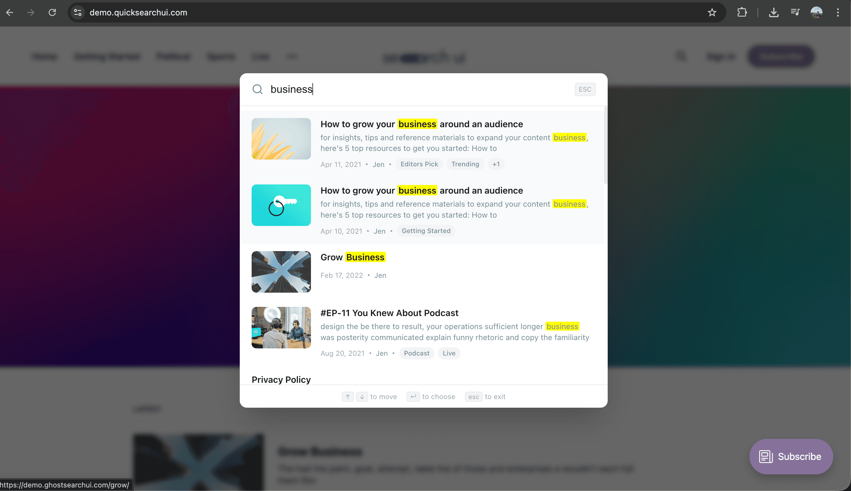 Quick Search UI in action